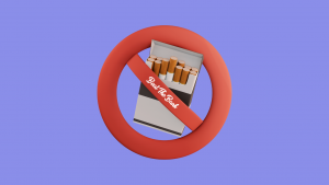 Illustration of a cigarette pack behind a red no-smoking symbol, with “Beat The Bank” written across the bar.
