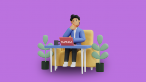 3D illustration of a person sitting in a yellow armchair at a desk, using a laptop with the Beat The Bank logo, set against a purple background with two potted plants.