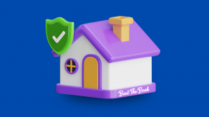 Purple and white house icon with a green shield and checkmark, representing mortgage protection from Beat The Bank